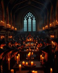 Explore a magical school brimming with young wizards, bathed in the warm glow of candlelight.  This scene features a distinct