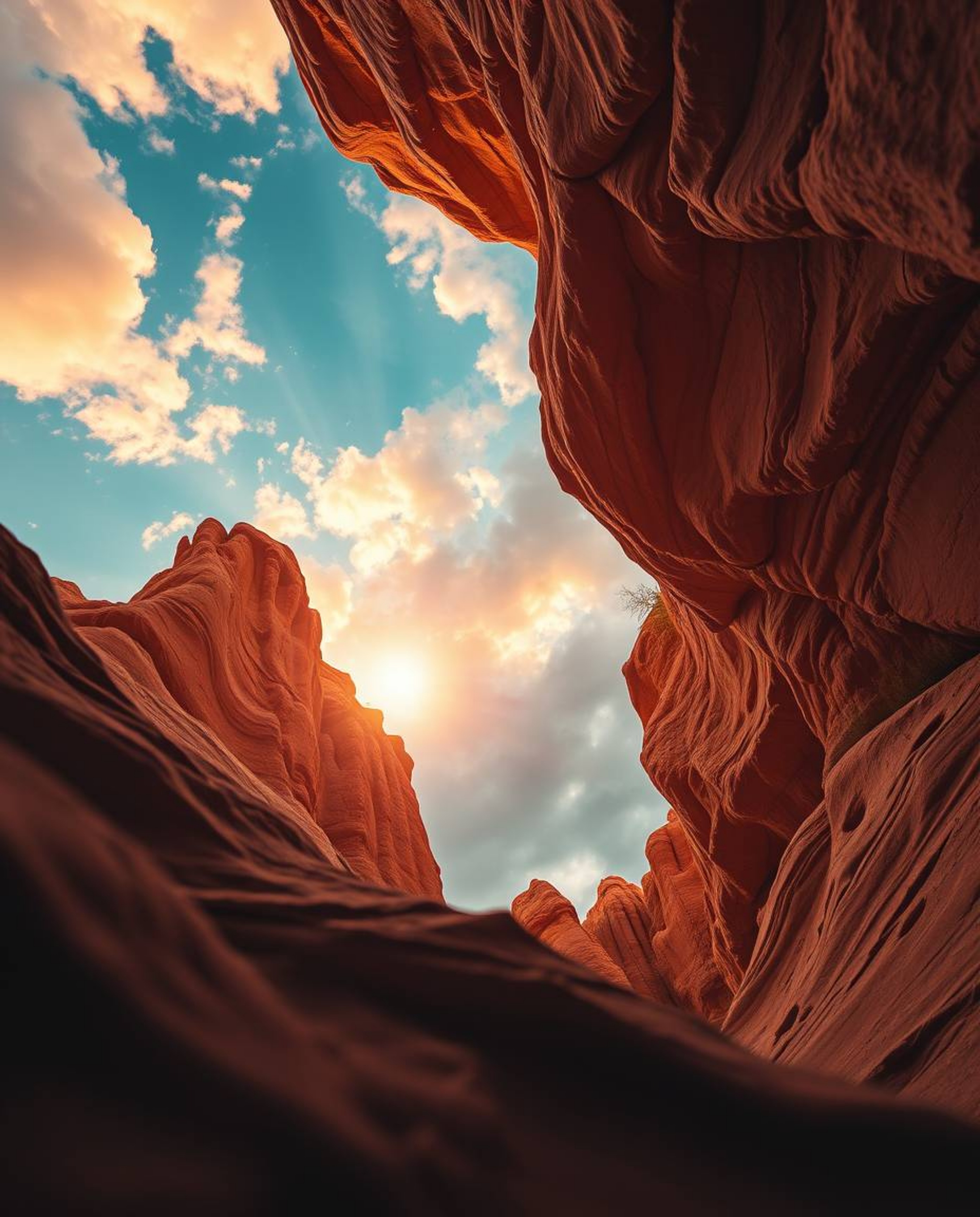 A dreamlike and surreal low-angle view captures a sunset illuminating sandstone cliffs, looking upwards from the canyon floor