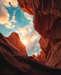 A dreamlike and surreal low-angle view captures a sunset illuminating sandstone cliffs, looking upwards from the canyon floor