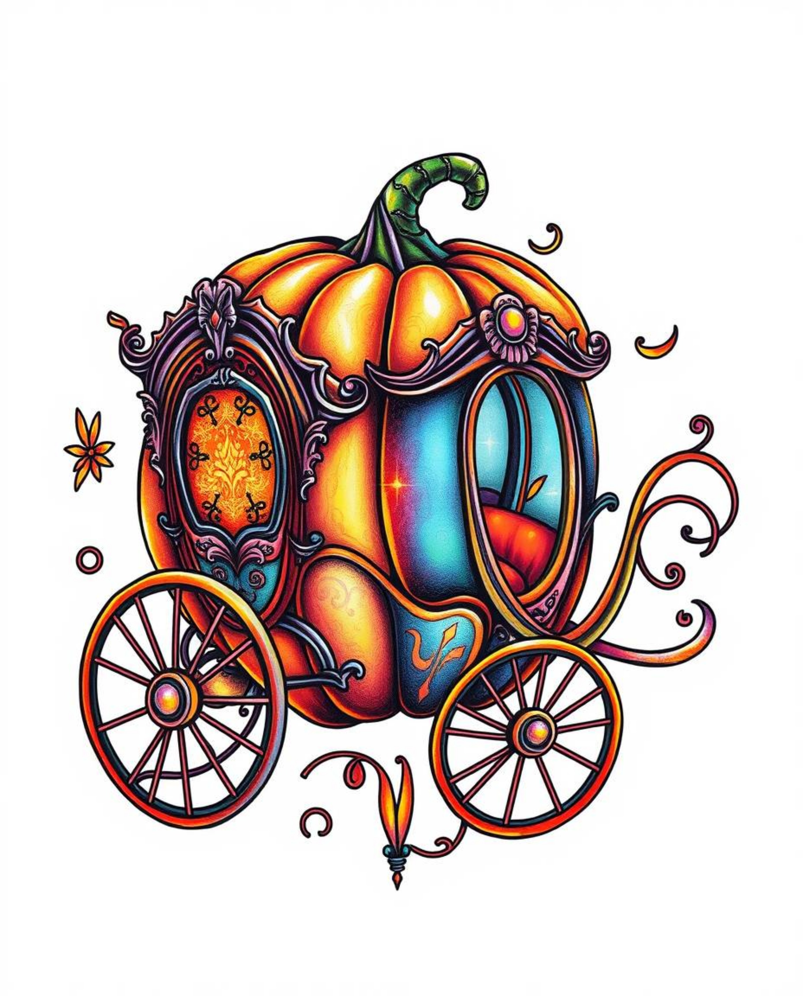 This artwork features a magical pumpkin transforming into a carriage, presented as a symbolic traditional tattoo art print ag