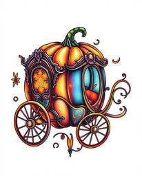 This artwork features a magical pumpkin transforming into a carriage, presented as a symbolic traditional tattoo art print ag