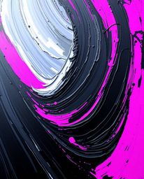 A captivating close-up reveals a bold acrylic painting in black and white, subtly hinting at vibrant pink, blue, and violet h