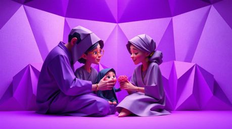 Experience a heartwarming family reunion depicted in intricate origami style, bathed in deep ultraviolet hues and rendered wi