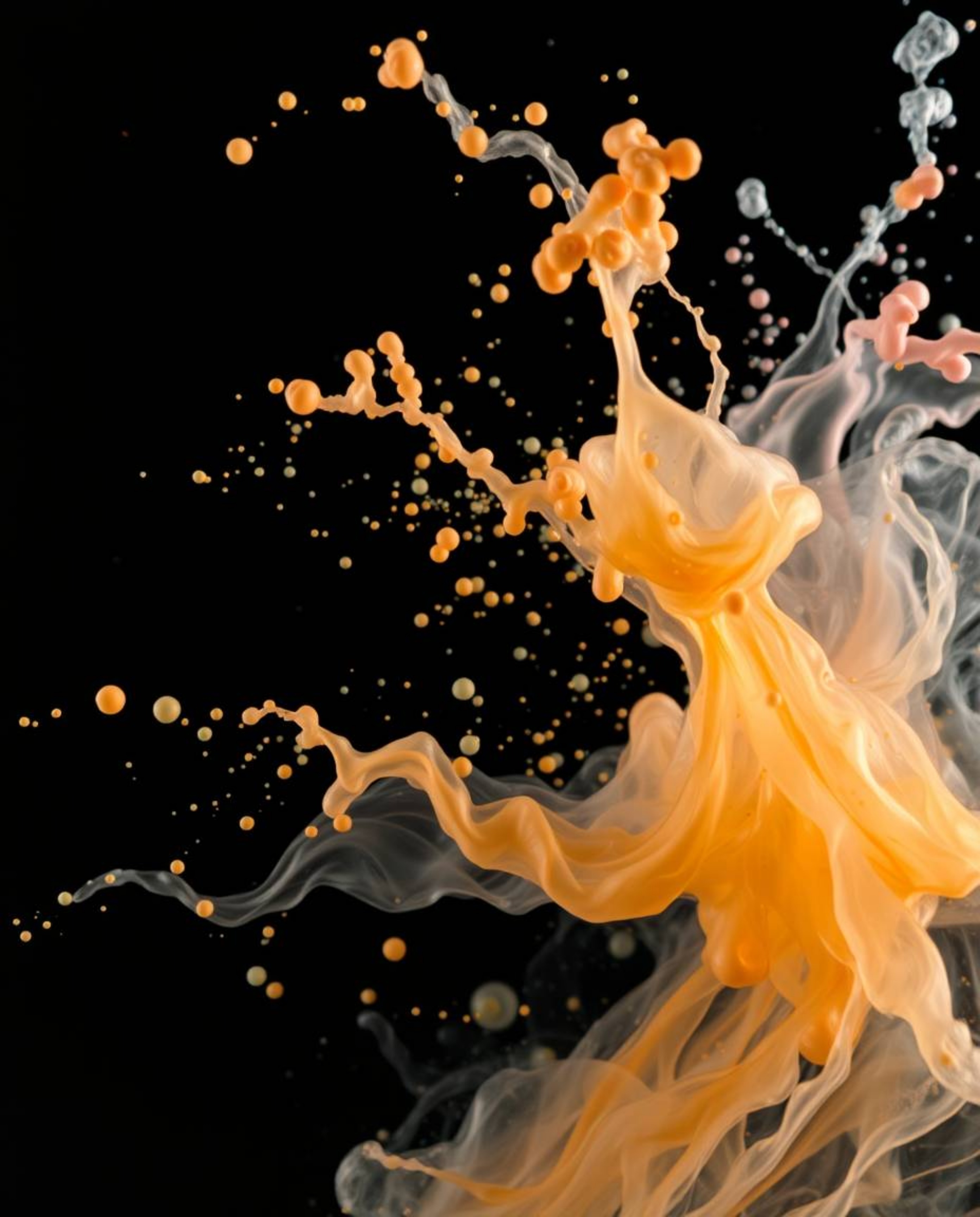 An artistic photograph capturing dynamic, colorful splashes on a stark black background creates a mesmerizing and ethereal sc