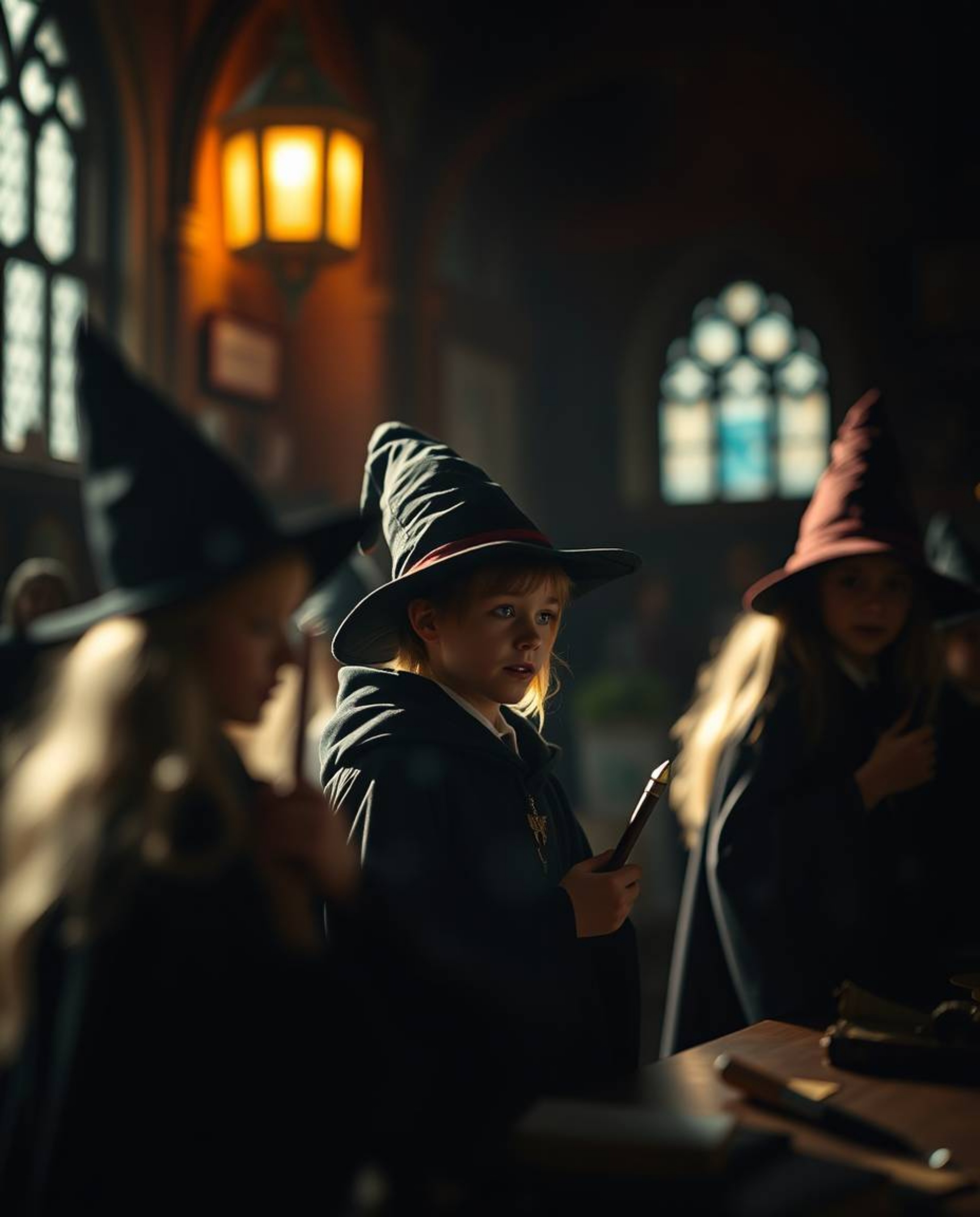 Experience the enchanting world of a magical school, where young wizards are captured in sharp focus amidst a softly blurred 