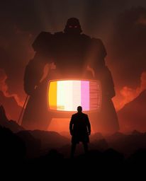 A heroic scene on a massive scale depicts a silhouetted figure backlit by an epic lens glow. The modern future TV screen show