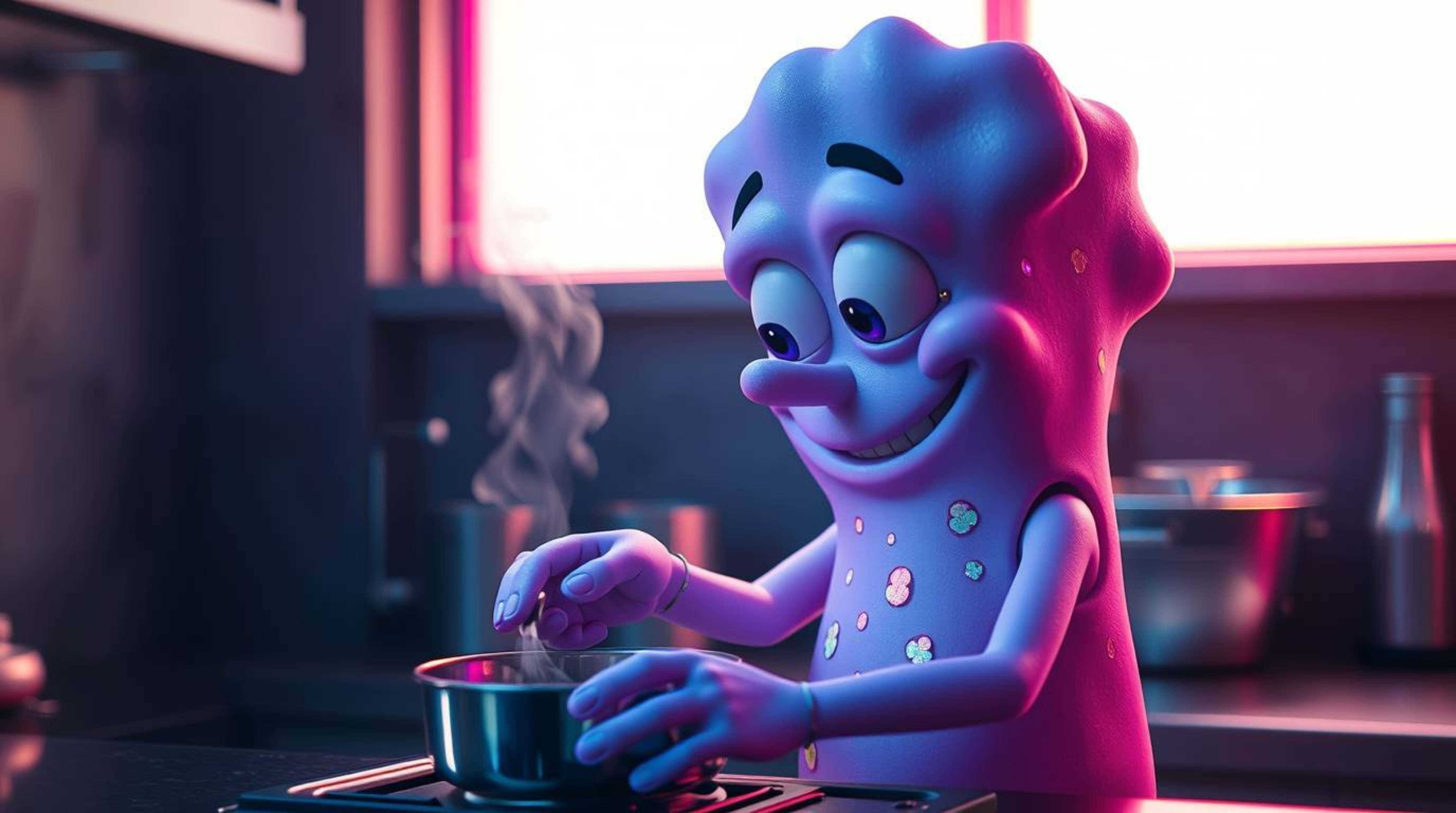 A captivating image of a whimsical sponge character with iridescent highlights, boasting light purple skin, skillfully cookin