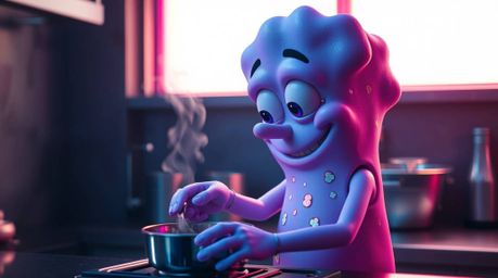 A captivating image of a whimsical sponge character with iridescent highlights, boasting light purple skin, skillfully cookin