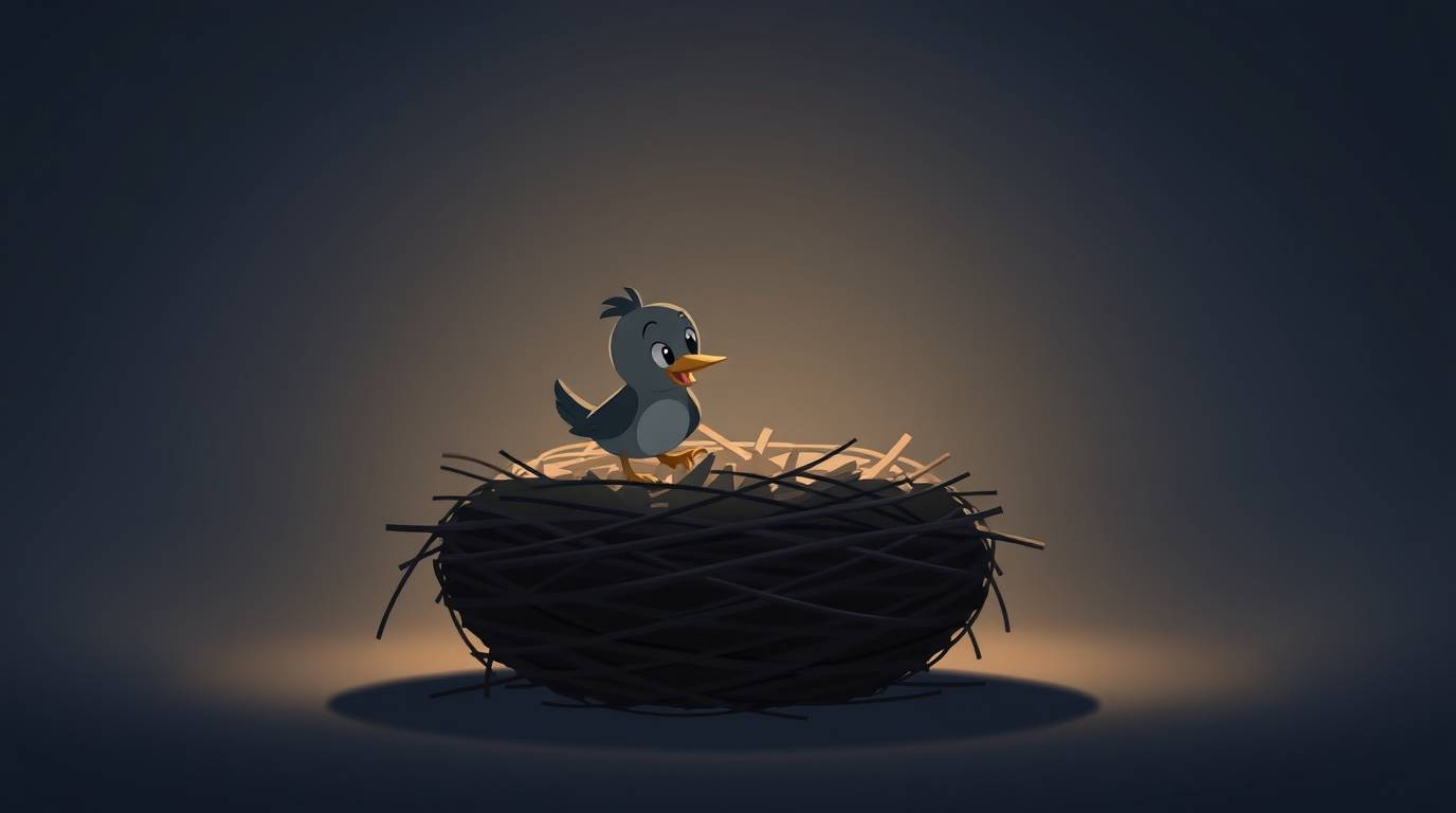 A captivating image rendered in a classic animation style showcases two charming cartoon birds meticulously constructing thei