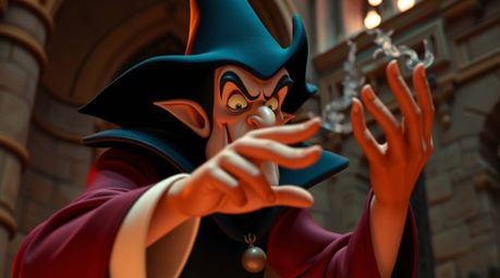A captivating close-up illustration depicts a classic Disney villain casting a mesmerizing spell within the ancient walls of