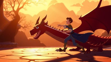 A captivating illustration in the style of 1950s animation depicts a charming prince bravely battling a fierce dragon.  Bathe