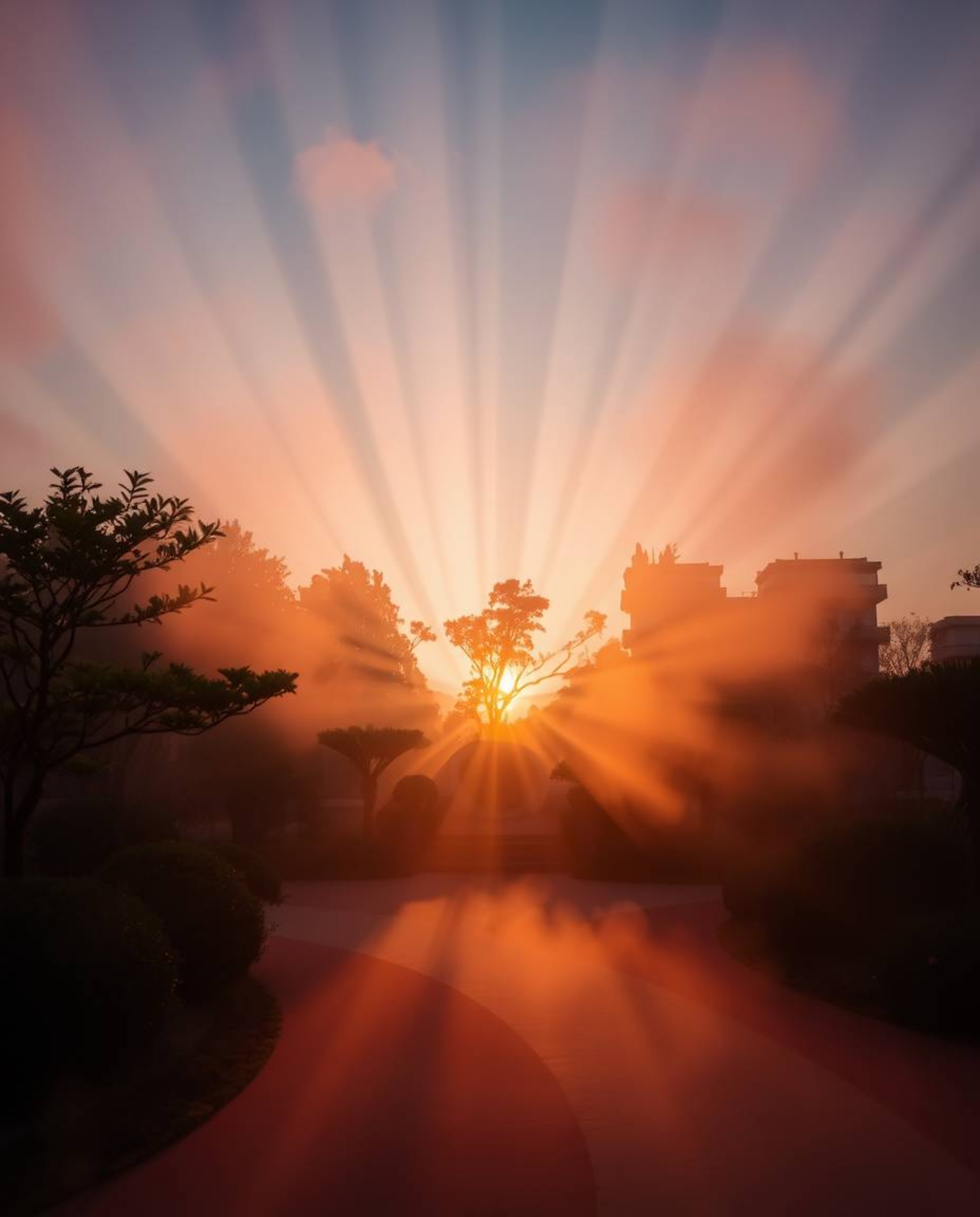 Volumetric lighting showcasing a serene Zen garden at sunset, light beams cutting through dust or fog, creating a three-dimen