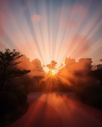 Volumetric lighting showcasing a serene Zen garden at sunset, light beams cutting through dust or fog, creating a three-dimen