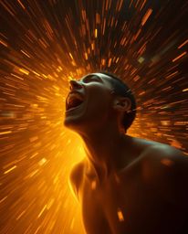 A captivating surreal digital artwork depicting a person screaming as their world fragments into vibrant pixelated shards, le