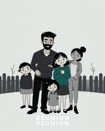 This is a Pixar-style family reunion illustration with a strong, moody style, featuring a geometrically-inspired logo, clean 
