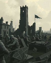 Explore a visually stunning battlefield scene featuring sharp lines, detailed structures, time-warped soldiers, and crumbling