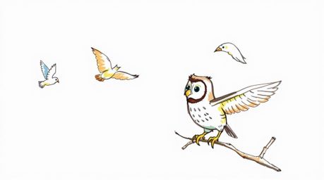 A vibrant, hand-drawn sketch depicts a blind owl, rendered in a Pixar-esque style, passionately guiding birds into flight. Th