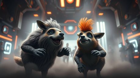 A high-resolution stock photo depicting a duo of talking animals engaging in playful mischief within a grand, epic scene that