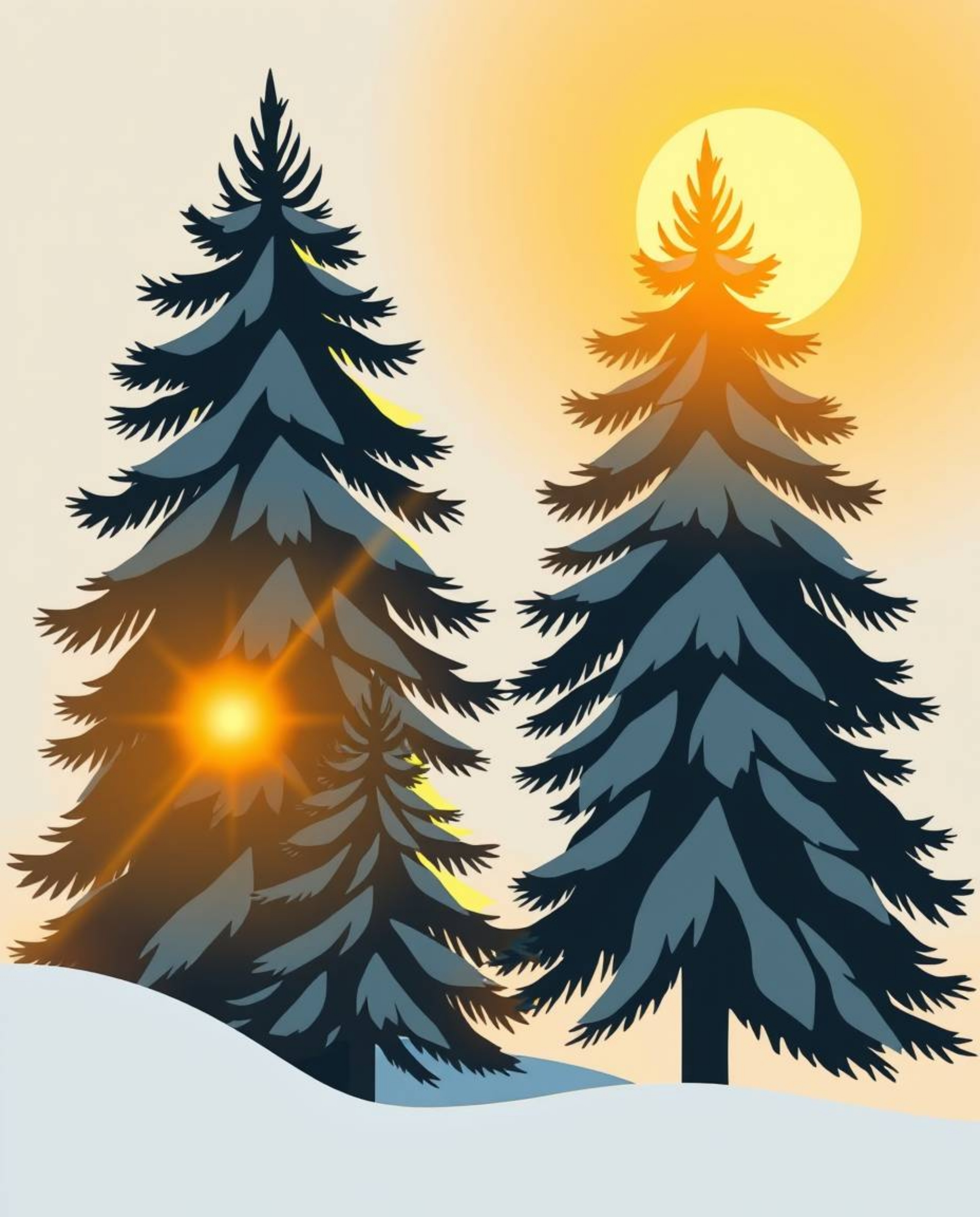 A modern flat design illustration features a warm golden glow, depicting simplified, two-dimensional shapes of sunset light s