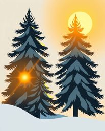 A modern flat design illustration features a warm golden glow, depicting simplified, two-dimensional shapes of sunset light s