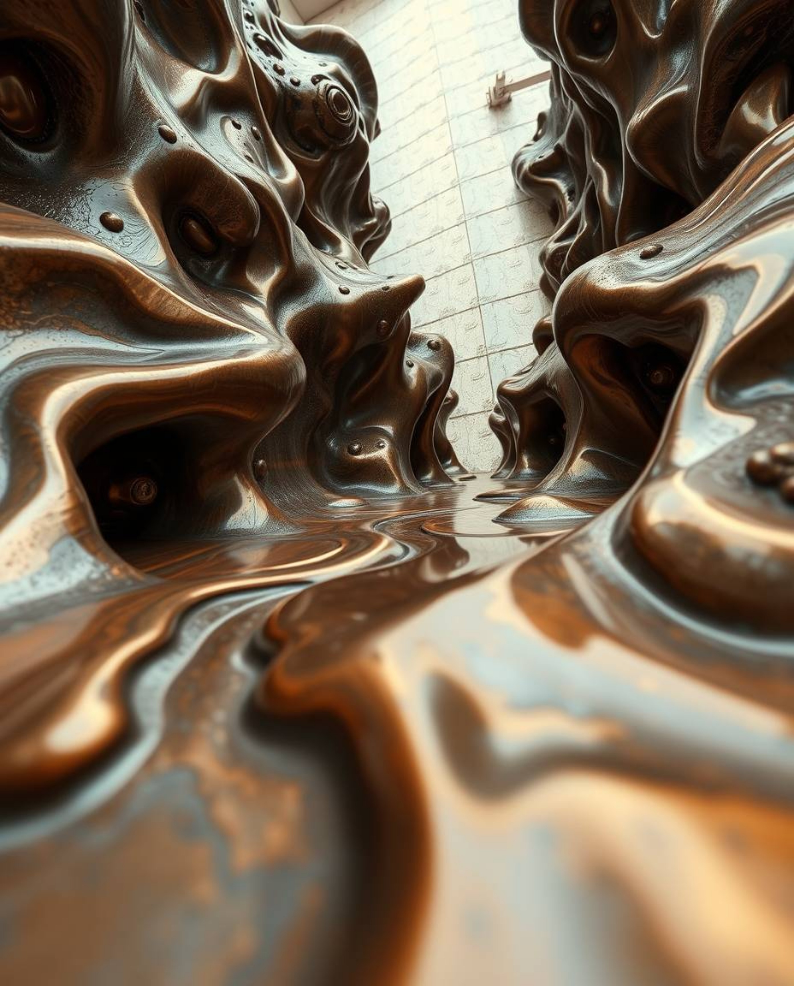 Explore a surreal, hyperrealistic sci-fi environment featuring a cast bronze surface with an antique patina.  The scene is do