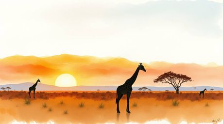 Capture the breathtaking beauty of an African sunset with this delicate watercolor painting. Silhouetted giraffes graze peace