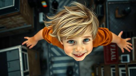 Witness a captivating bird's-eye view of a young boy with blonde hair and rosy cheeks soaring above a rainy London with the a