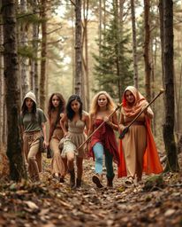 Discover a captivating high-resolution stock photo depicting a group of friends with unique powers exploring a mystical fores