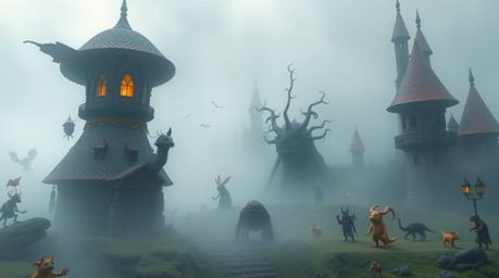 Immerse yourself in a high-resolution stock photo showcasing a fantasy kingdom teeming with quirky magical creatures, all env