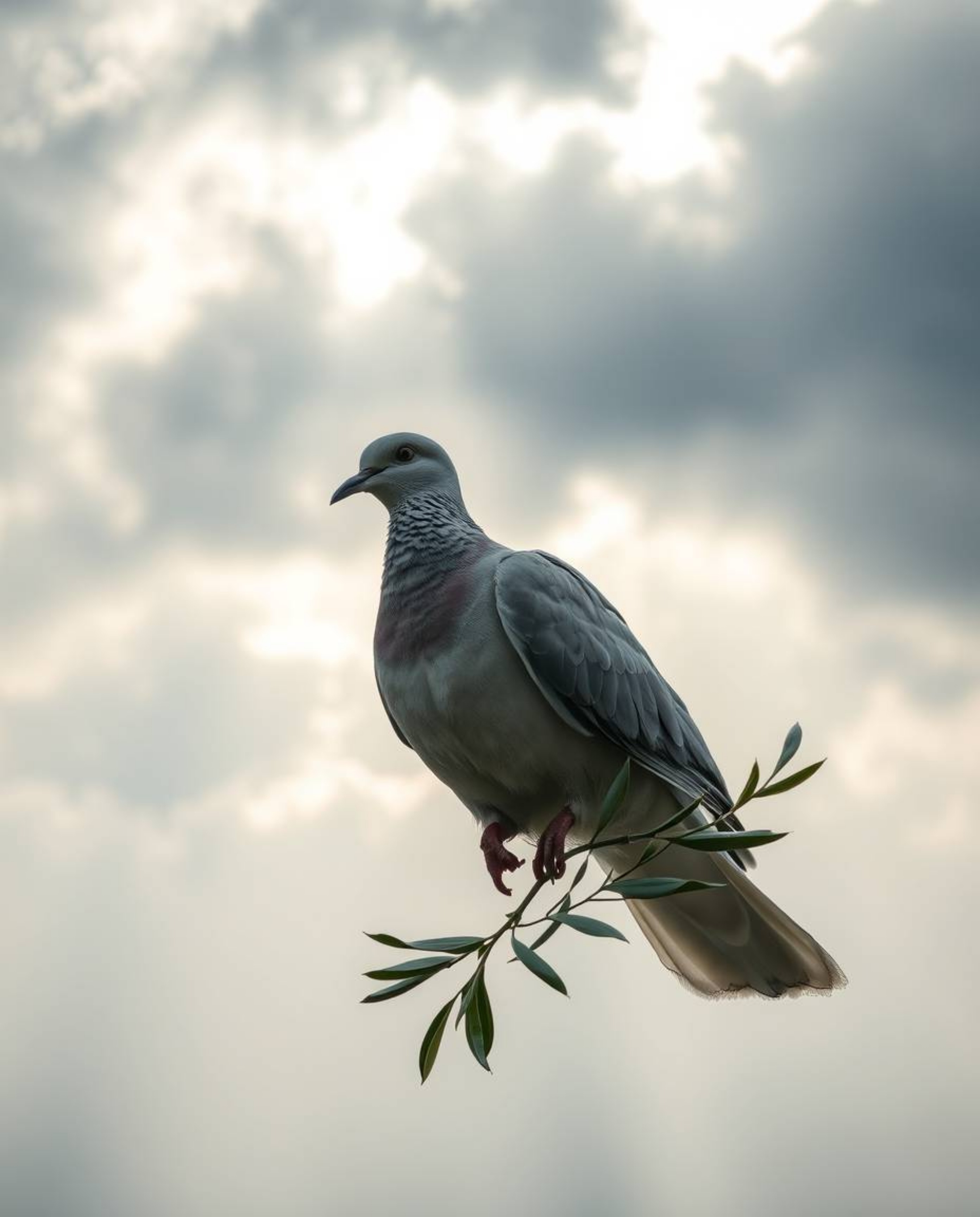 A serene image depicting a dove carrying an olive branch amidst stormy skies.  Soft light illuminates the scene, creating a c