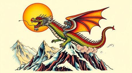 This traditional tattoo art print features a breathtaking scene of a dragon and rider soaring above icy mountains, bathed in 