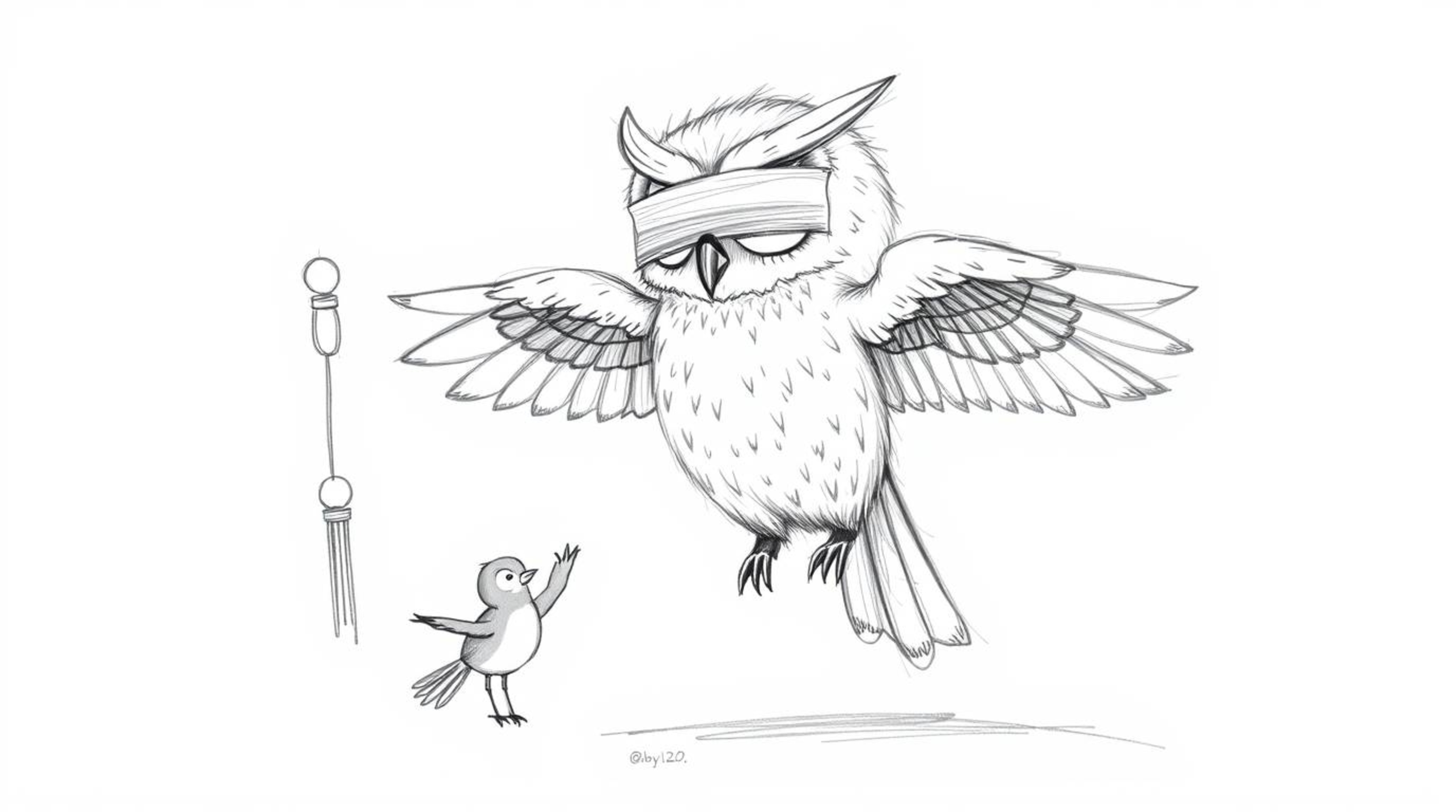 A heartwarming hand-drawn sketch in the style of Pixar depicts a blind owl with soft, feathery texture ingeniously teaching s