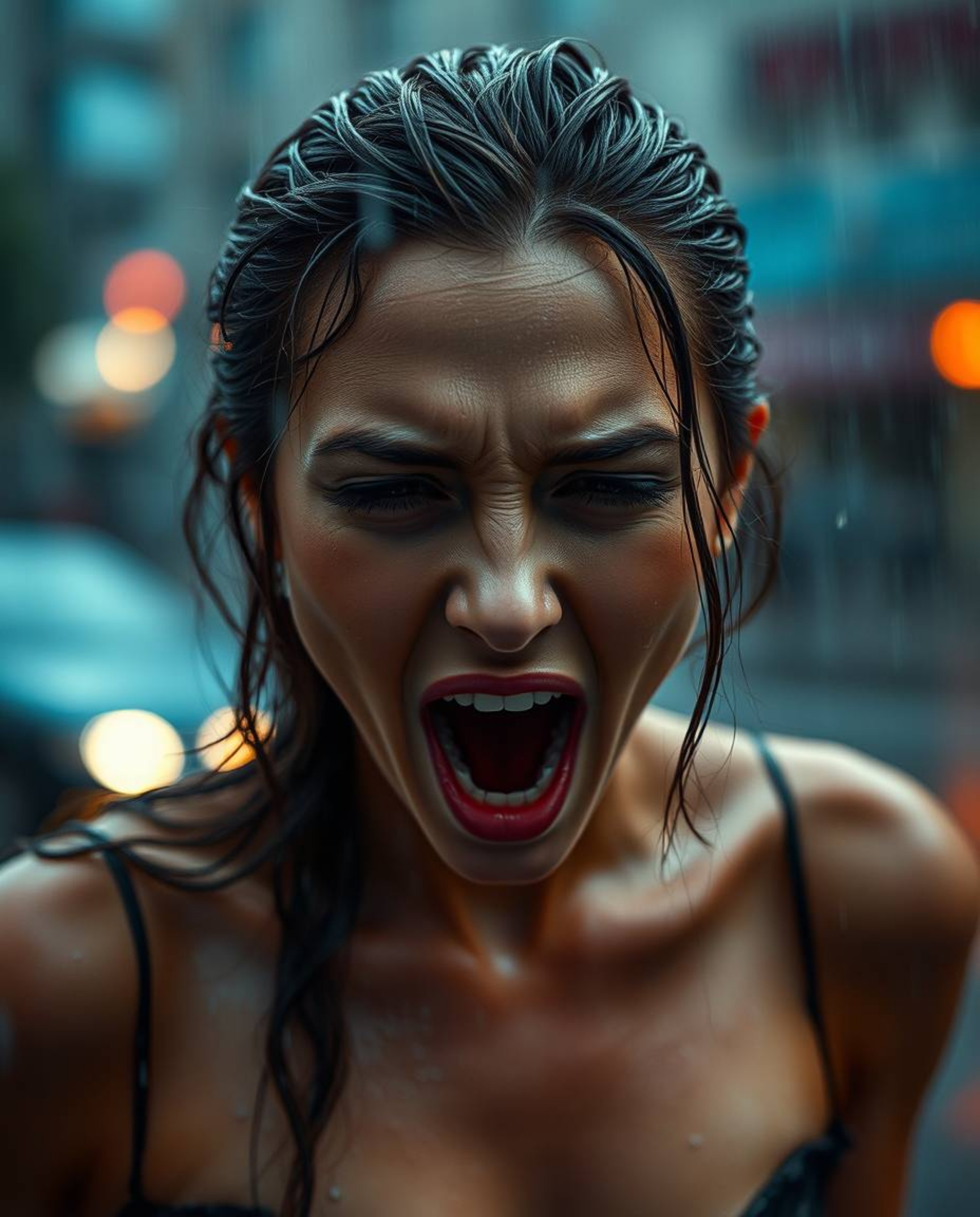 This captivating image portrays an elegant, wet, and rainy scene where a person with refined features is screaming as the wor