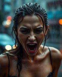 This captivating image portrays an elegant, wet, and rainy scene where a person with refined features is screaming as the wor