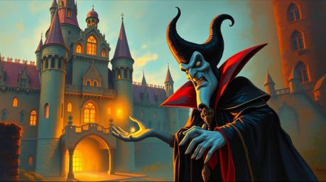 An oil painting capturing a classic Disney villain casting a spell within the ancient walls of a castle, bathed in the warm, 