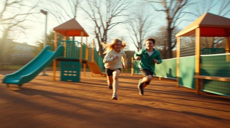 Experience a dramatic slow-motion run through a playground bathed in soft, diffused light.  The video showcases a captivating