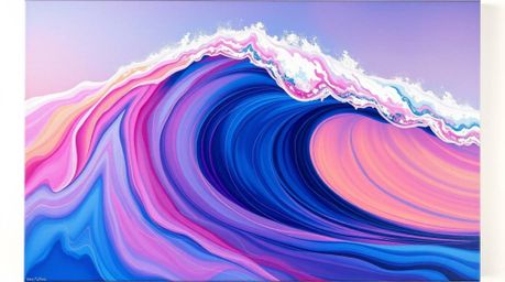 Explore a bold acrylic painting featuring a fluid abstract wave with a mesmerizing pastel spectrum gradient texture. The silh