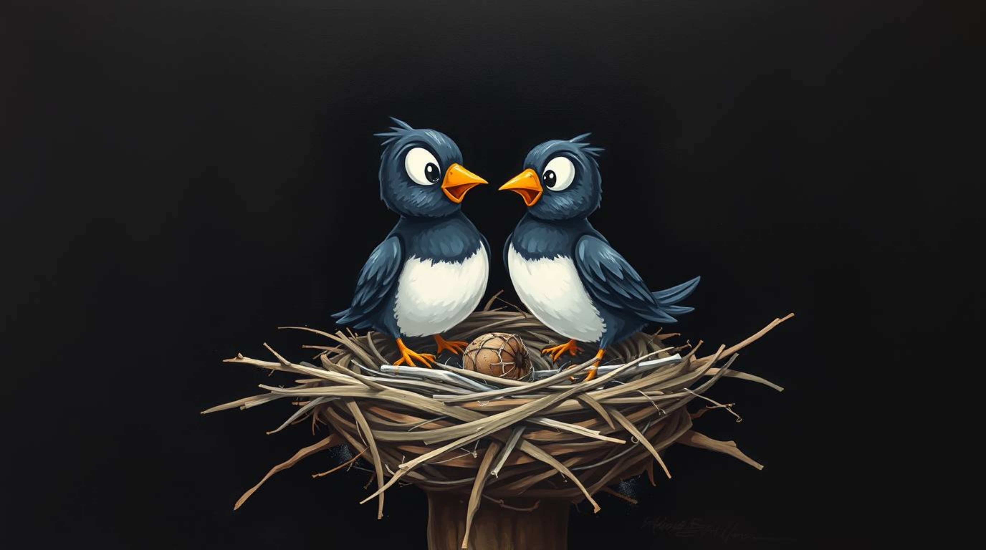 This striking oil painting depicts two cartoon birds diligently building a nest in a classic animation style. The intense jet