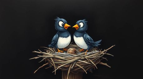 This striking oil painting depicts two cartoon birds diligently building a nest in a classic animation style. The intense jet