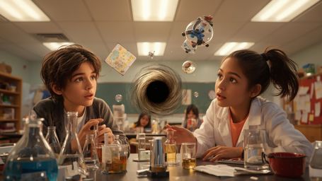 In a vibrant, cinematic photograph capturing the whimsical essence of Pixar's style, two enthusiastic teen science fair parti