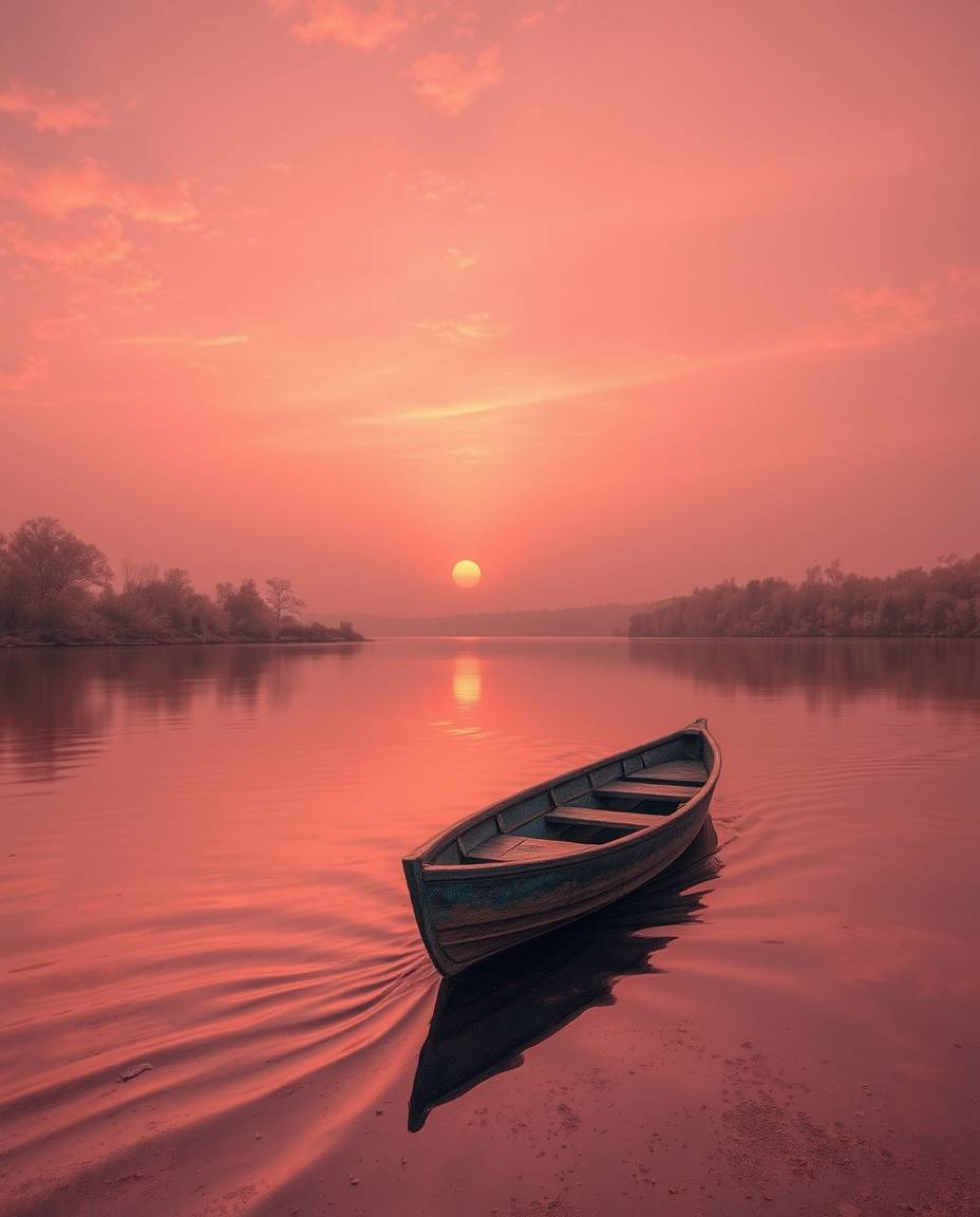 A surreal image portrays a boat drifting on a lake at sunset, rendered in otherworldly infrared tones and featuring a surface