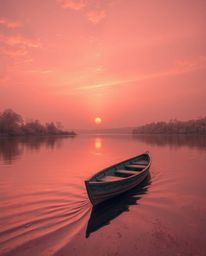 A surreal image portrays a boat drifting on a lake at sunset, rendered in otherworldly infrared tones and featuring a surface