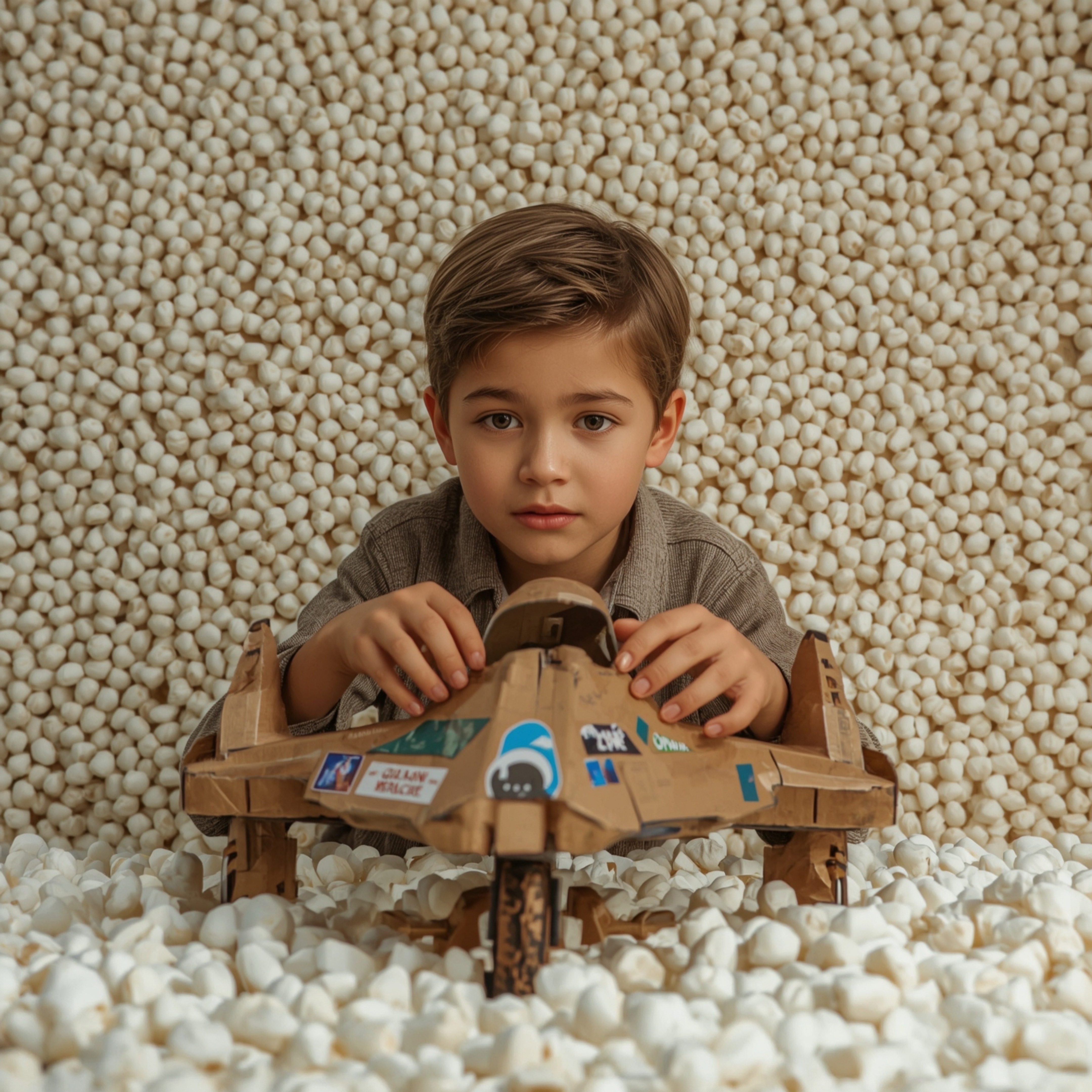 A captivating high-fashion photograph depicts a young boy with striking features, building an intricately designed cardboard 