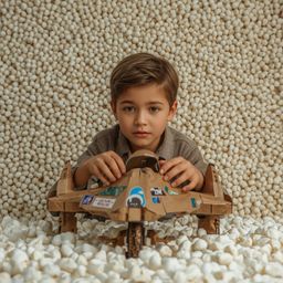 A captivating high-fashion photograph depicts a young boy with striking features, building an intricately designed cardboard 