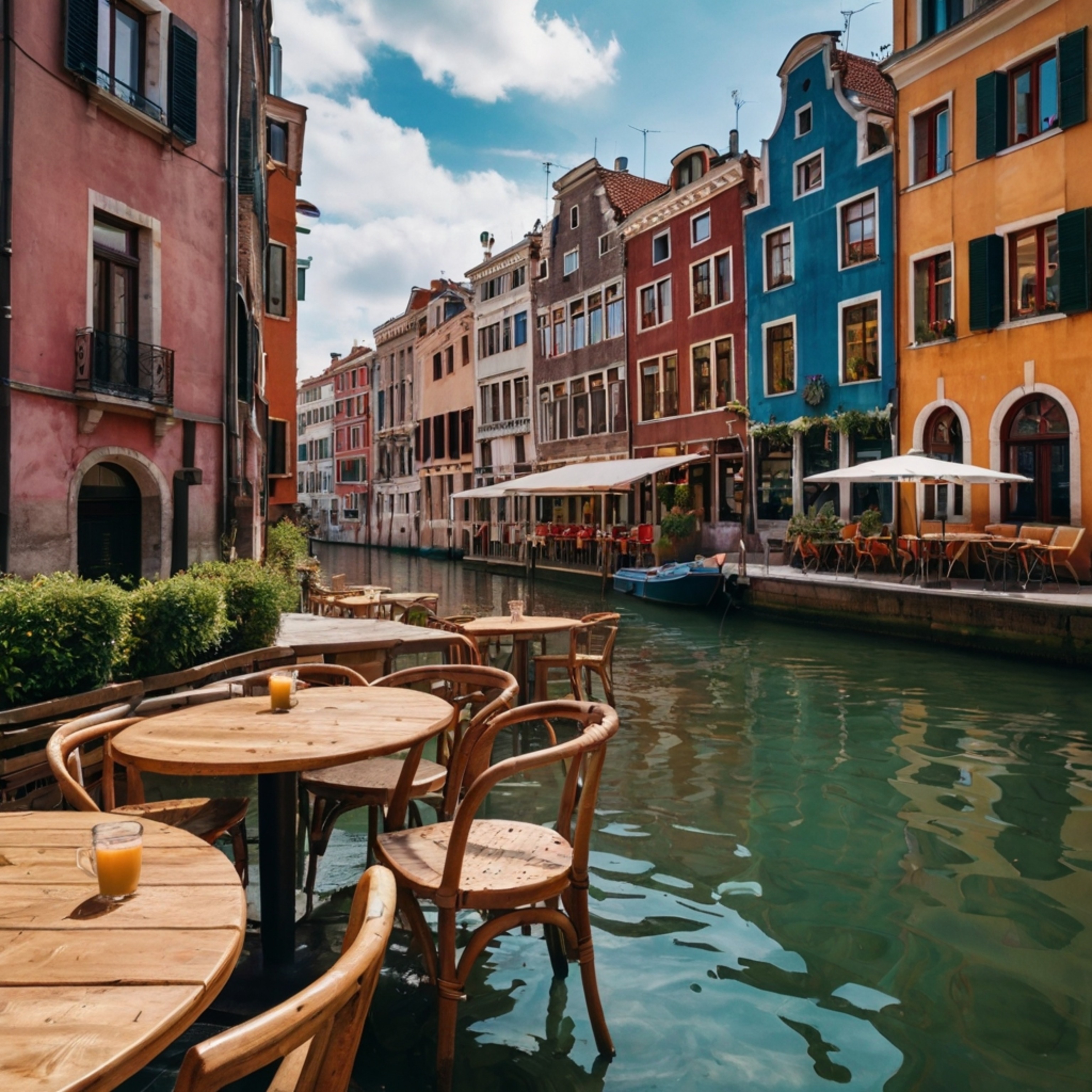 Discover a picturesque canal-side café nestled in a charming European city. Enjoy delightful treats at tables right by the wa