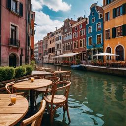 Discover a picturesque canal-side café nestled in a charming European city. Enjoy delightful treats at tables right by the wa