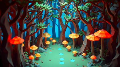 Immerse yourself in a captivating high-angle view of a vintage-style enchanted forest, brought to life with intricate origami