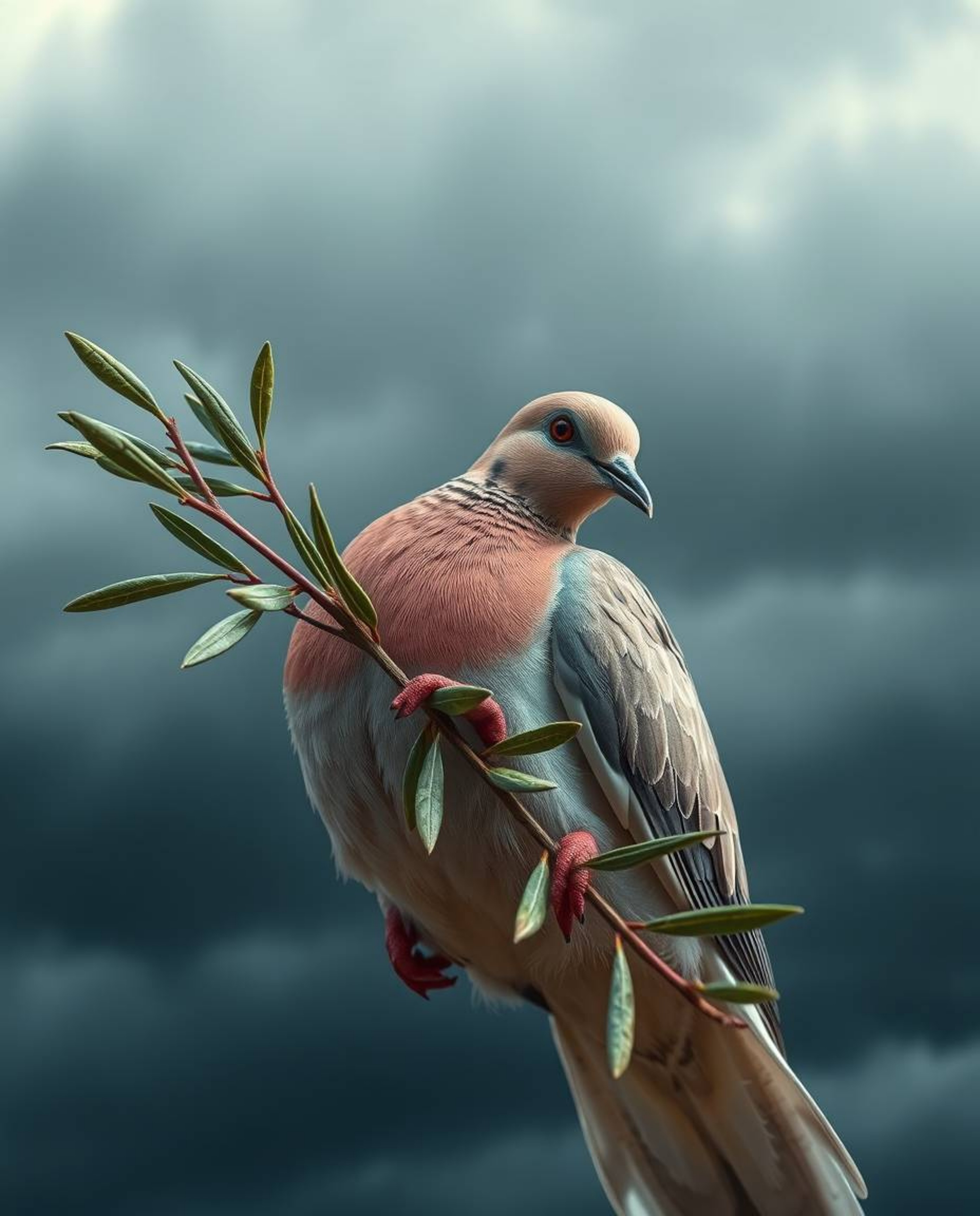 An extreme close-up macro shot depicts a dove carrying an olive branch amidst stormy skies.  The image features electric, viv