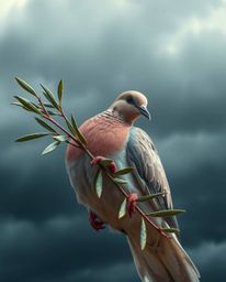 An extreme close-up macro shot depicts a dove carrying an olive branch amidst stormy skies.  The image features electric, viv