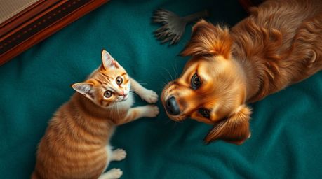 An overhead bird's eye view captures a delightful scene of two talking animals, a cat and a dog, engaging in playful interact